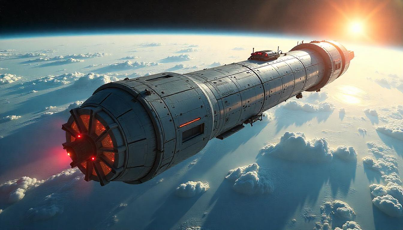Hero shot of O'Neill cylinder space colony floating above Earth, hexagonal armored plating glowing under sunlight, multiple docked spacecraft, construction drones