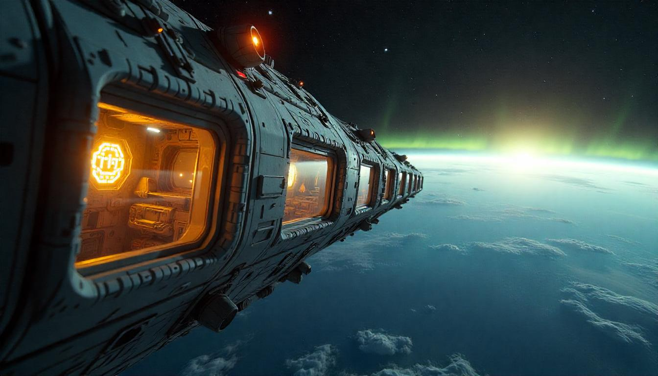 Nightime exterior view of Astraholon colony