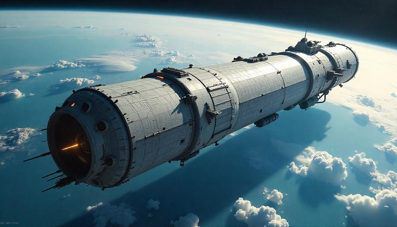 3D render of Astraholon cylindrical space colony showing:
                             - 32km long cylindrical structure
                             - Hexagonal armor plating
                             - Six docking ports with attached spacecraft
                             - Earth visible in background